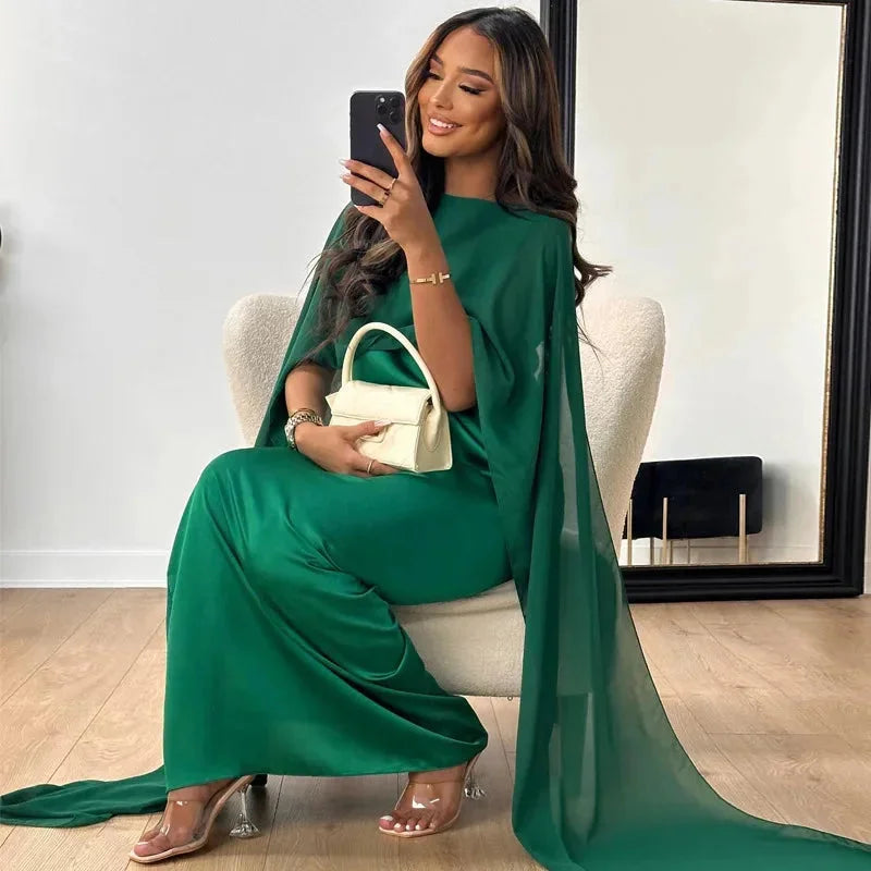 Women’s Chiffon Maxi Dress with Cape Sleeves – Crew Neck, Fluid Silhouette