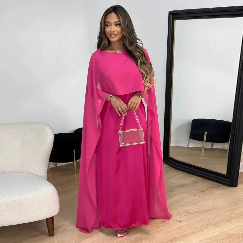 Women’s Chiffon Maxi Dress with Cape Sleeves – Crew Neck, Fluid Silhouette