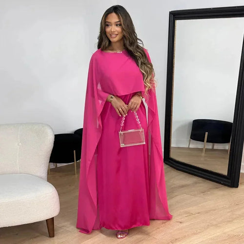 Women’s Chiffon Maxi Dress with Cape Sleeves – Crew Neck, Fluid Silhouette