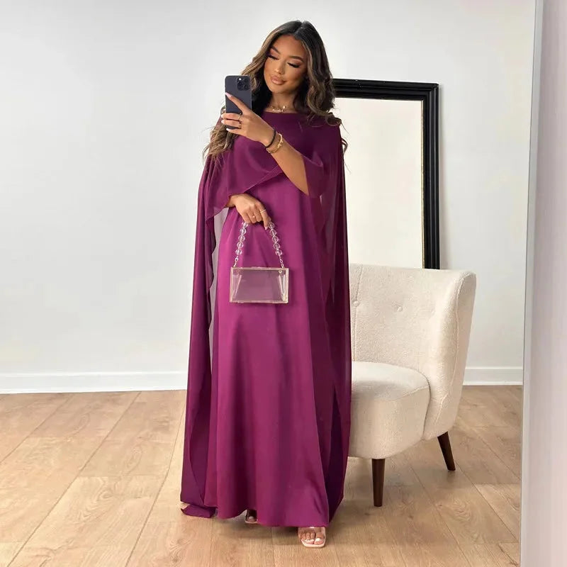 Women’s Chiffon Maxi Dress with Cape Sleeves – Crew Neck, Fluid Silhouette