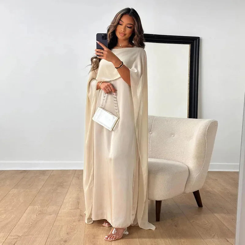 Women’s Chiffon Maxi Dress with Cape Sleeves – Crew Neck, Fluid Silhouette