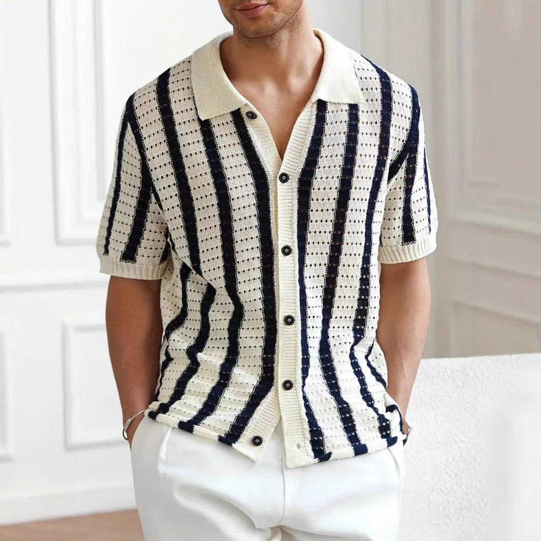 Men's Openwork Knit Polo – Vertical Stripes Short Sleeves