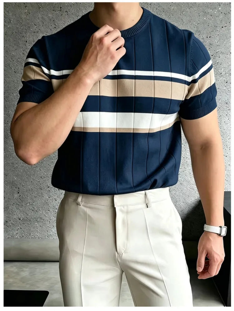 Men's Knitted T-shirt – Slim Fit with Modern Stripes