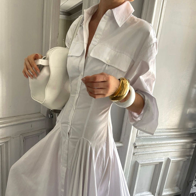 Women’s White Cotton Maxi Shirt Dress – Long Sleeves, Pleated Flared Cut