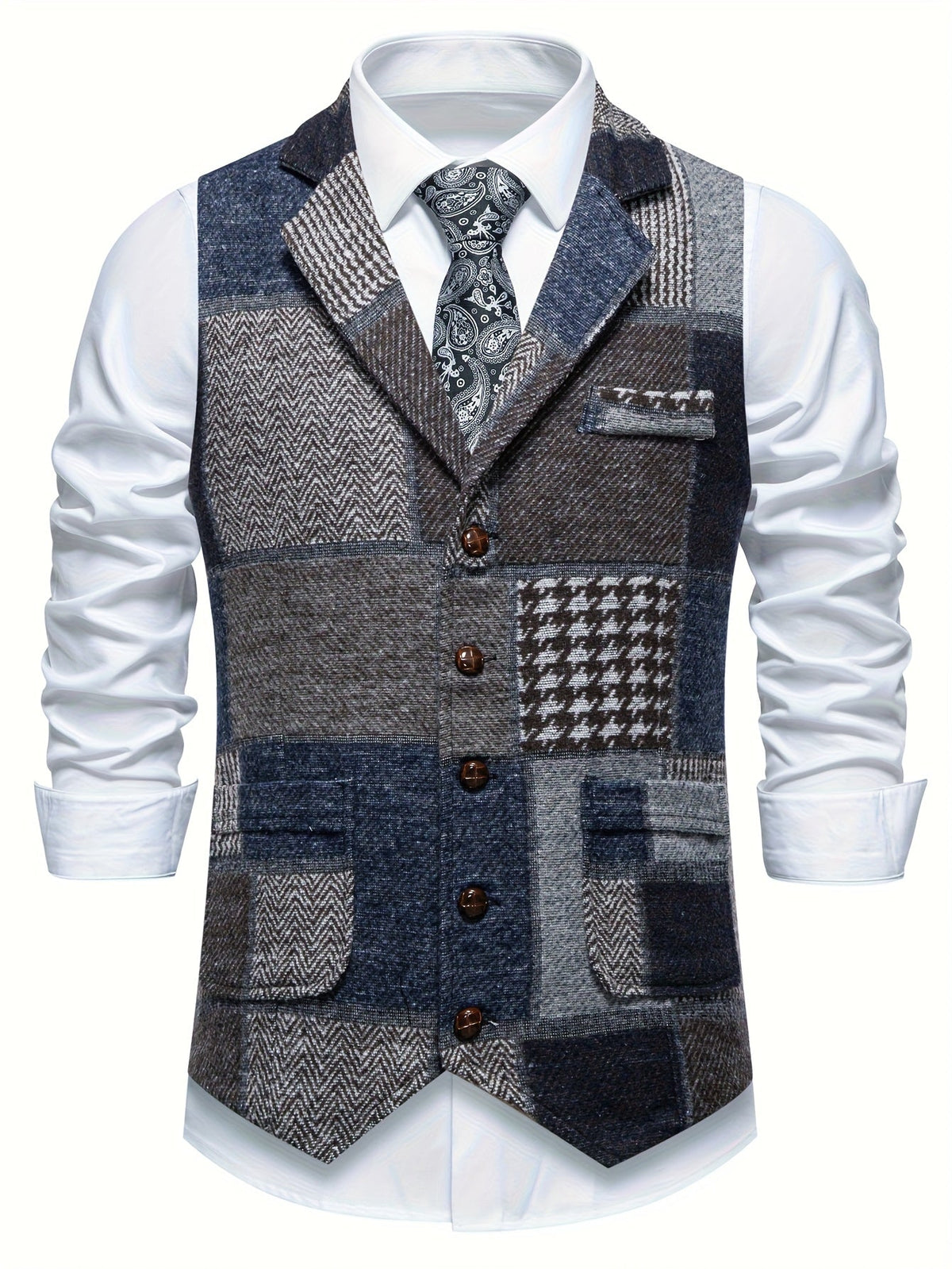 Men's Tweed Herringbone Patchwork Waistcoat – Notched Lapel and Button Closure