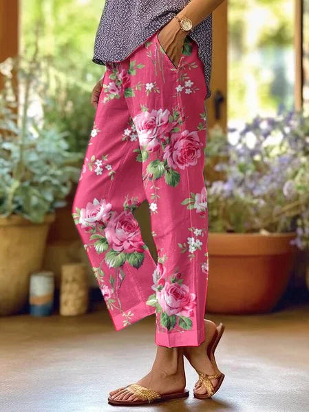 Women's cotton floral trousers – mid-rise tapered fit