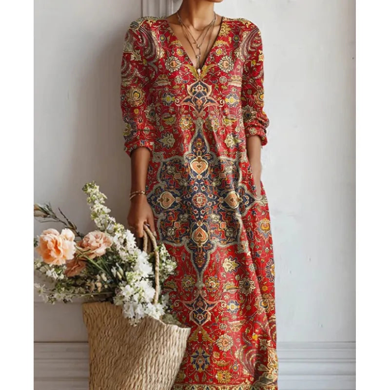 Women's Long-Sleeve Linen Dress – Relaxed Midi Fit