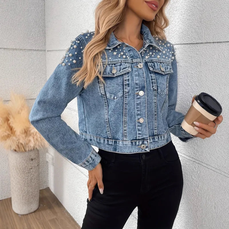 Short Women's Denim Jacket with Pearls – Relaxed Fit