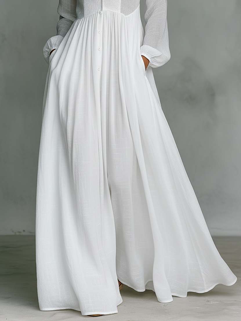 Women’s Pleated Maxi Dress – Lightweight Long Sleeves A-Line Cut Flared Hem