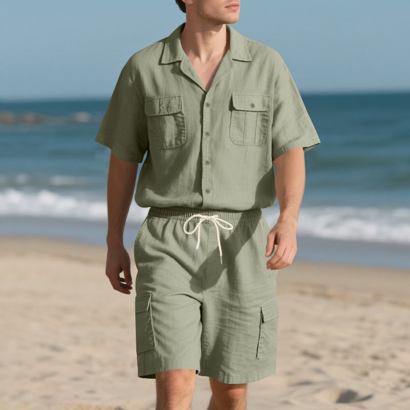 Men's Linen Set – Collared Shirt & Breathable Cargo Shorts
