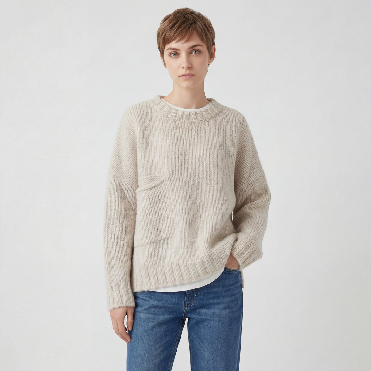 Women’s Crew Neck Knitted Jumper – Relaxed Loose Fit | Textured Acrylic