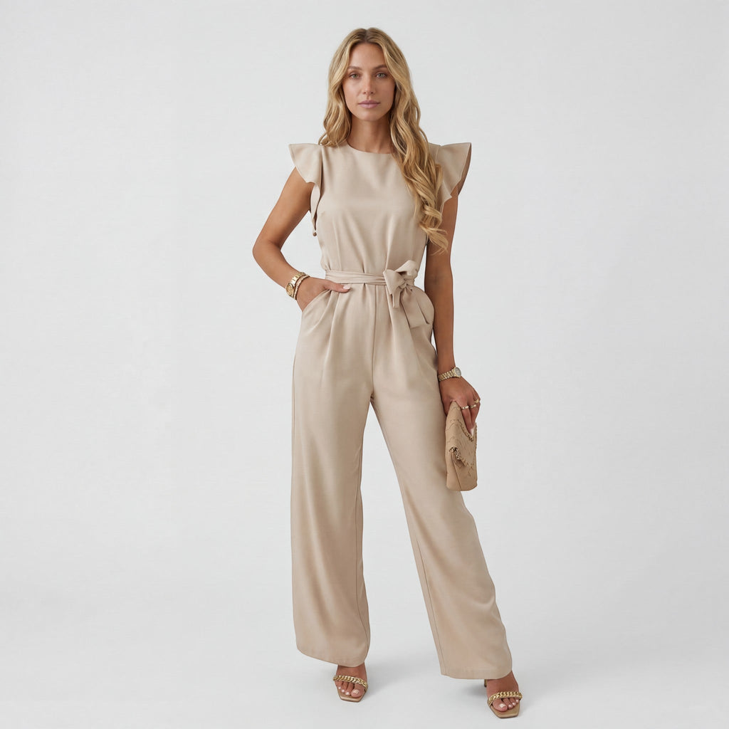 Women’s Wide-Leg Jumpsuit – High Waist with Tie Belt | Fluid Draped Woven Fabric