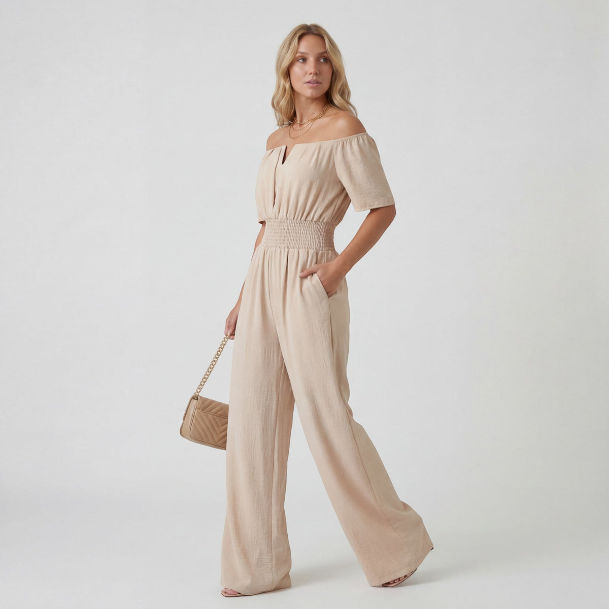 Women’s Off-Shoulder Wide-Leg Jumpsuit – Relaxed Fit | Lightweight Draped Woven Fabric