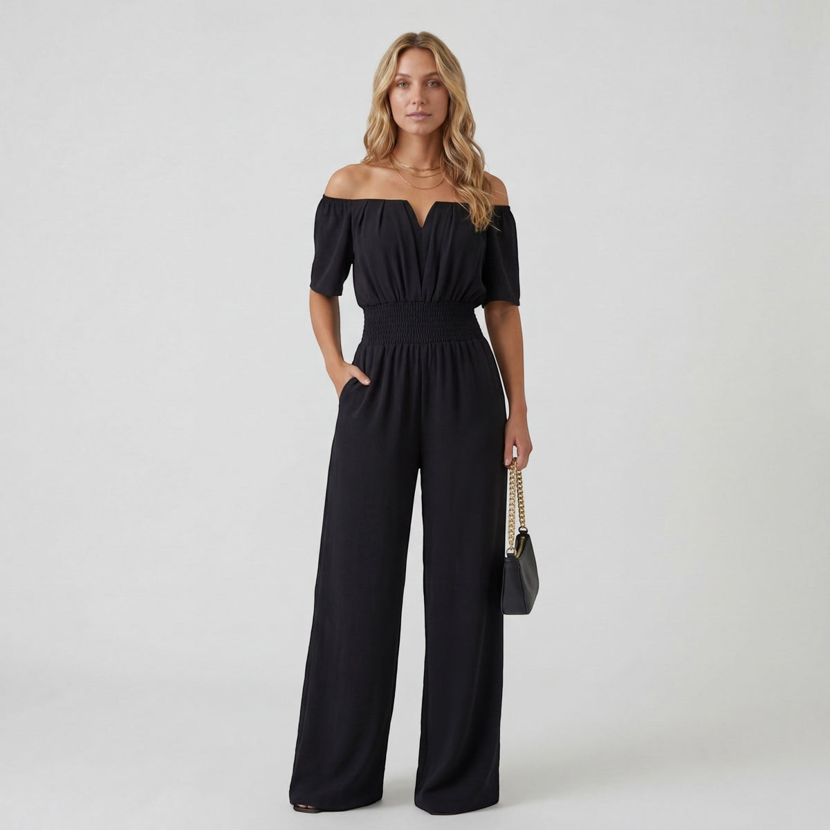 Women’s Off-Shoulder Wide-Leg Jumpsuit – Relaxed Fit | Lightweight Draped Woven Fabric