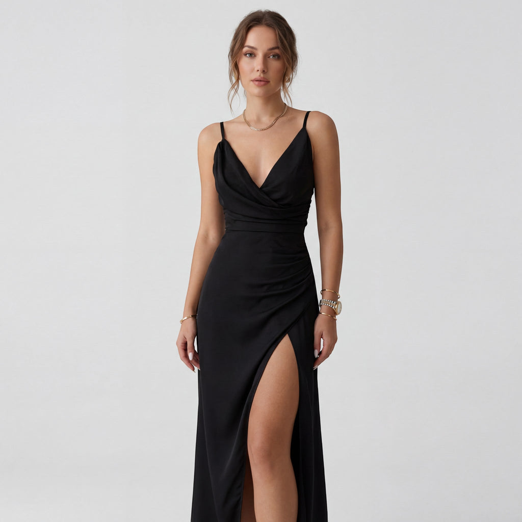 Women’s V-Neck Slit Slip Dress – Slim Fit with Straps | Silky Draped Fabric