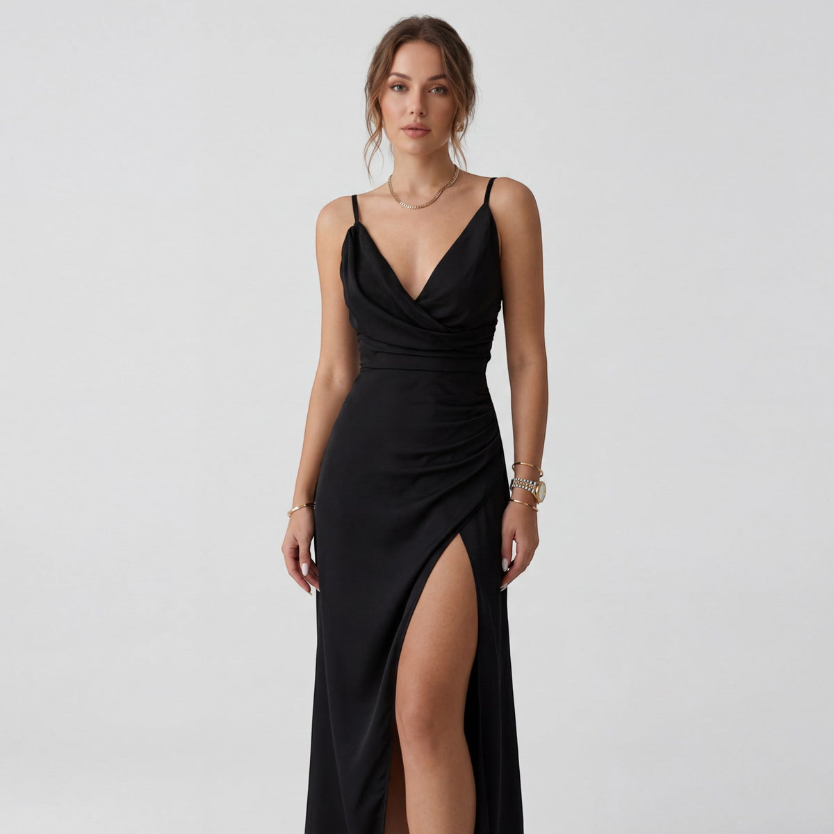 Women’s V-Neck Slit Slip Dress – Slim Fit with Straps | Silky Draped Fabric