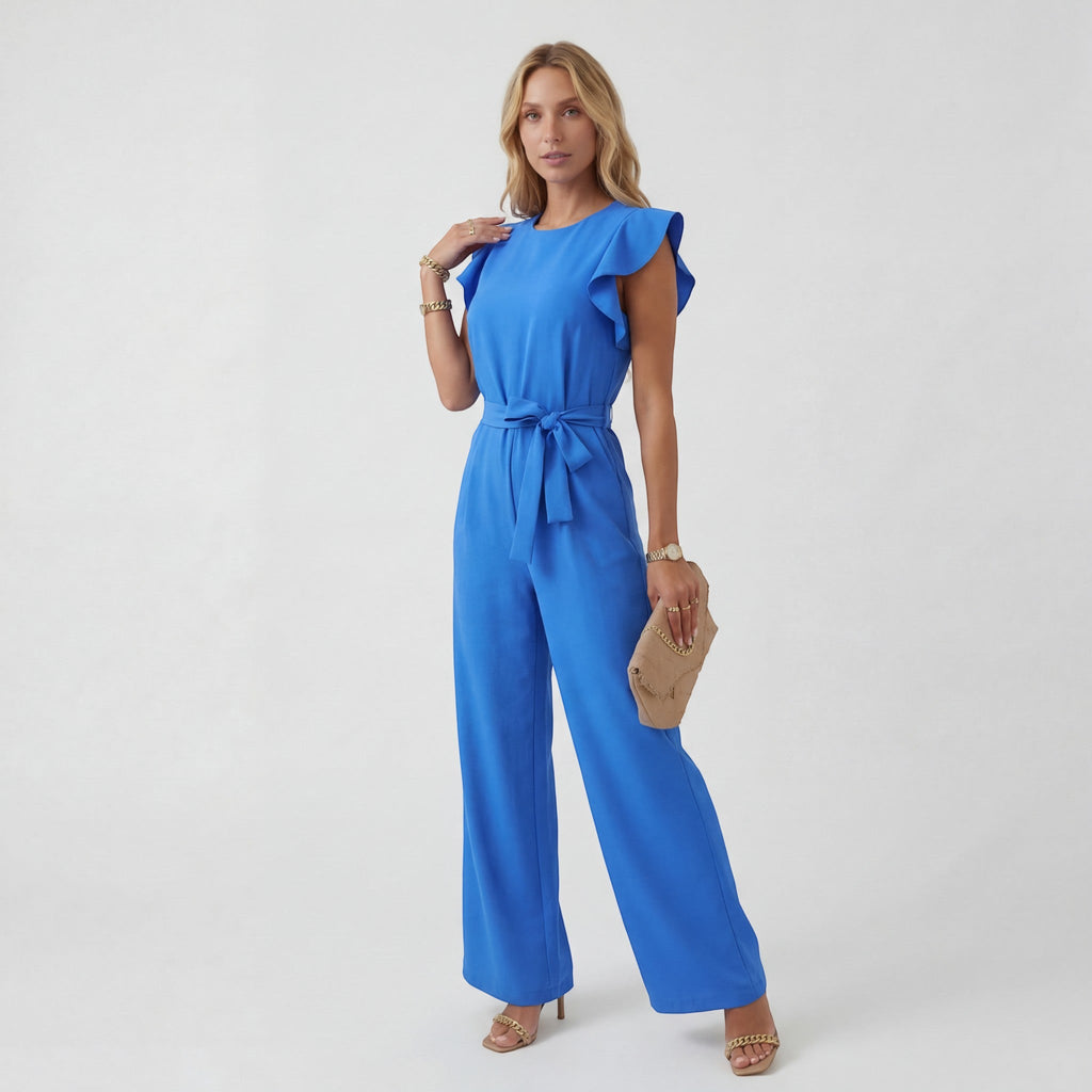 Women’s Wide-Leg Jumpsuit – High Waist with Tie Belt | Fluid Draped Woven Fabric