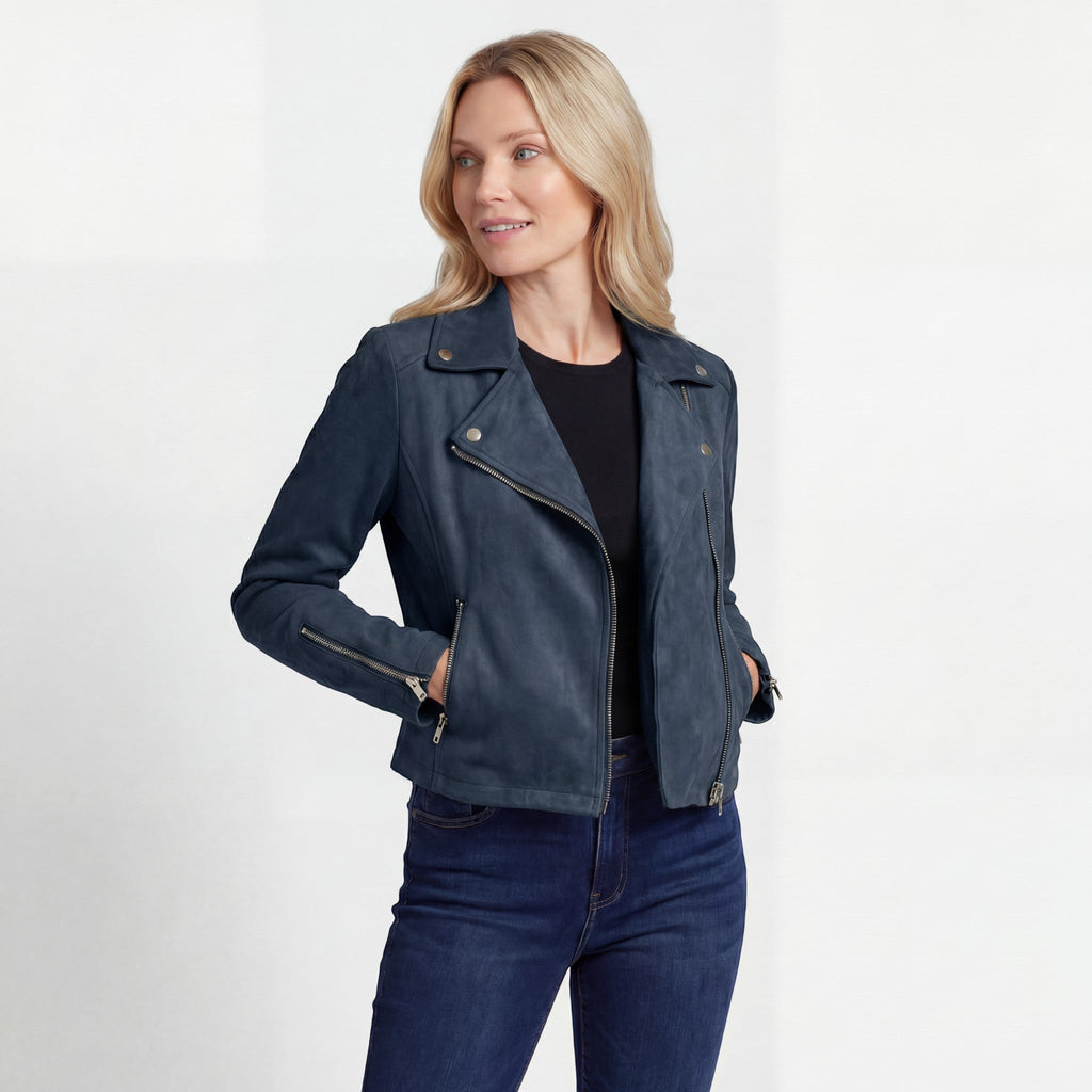 Women’s Zip Moto-Style Jacket – Diagonal Zip with Lapels | Cotton Blend