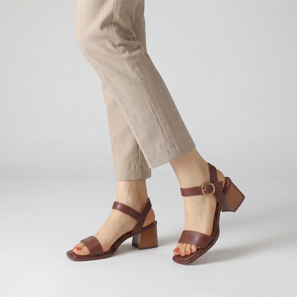 Women's Leather Heeled Sandals – Square Toe Adjustable Strap