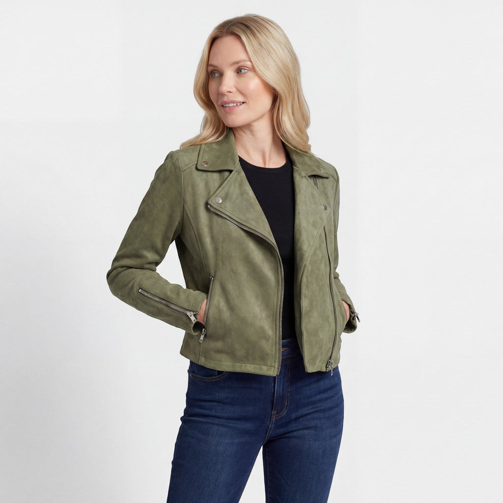 Women’s Zip Moto-Style Jacket – Diagonal Zip with Lapels | Cotton Blend