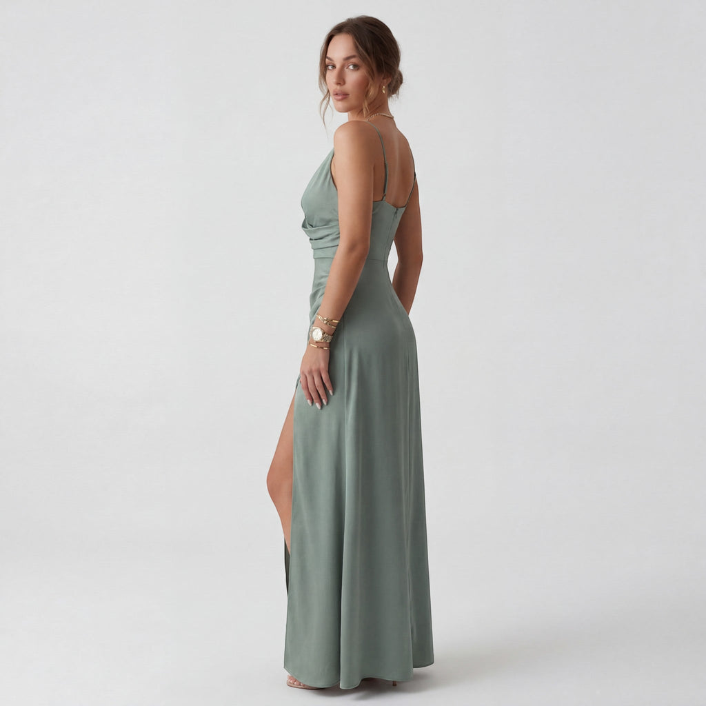 Women’s V-Neck Slit Slip Dress – Slim Fit with Straps | Silky Draped Fabric