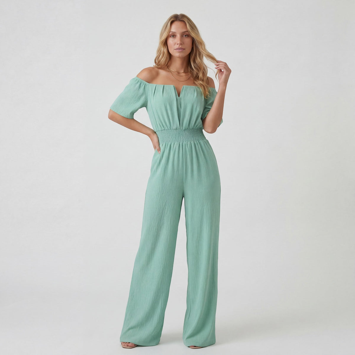 Women’s Off-Shoulder Wide-Leg Jumpsuit – Relaxed Fit | Lightweight Draped Woven Fabric