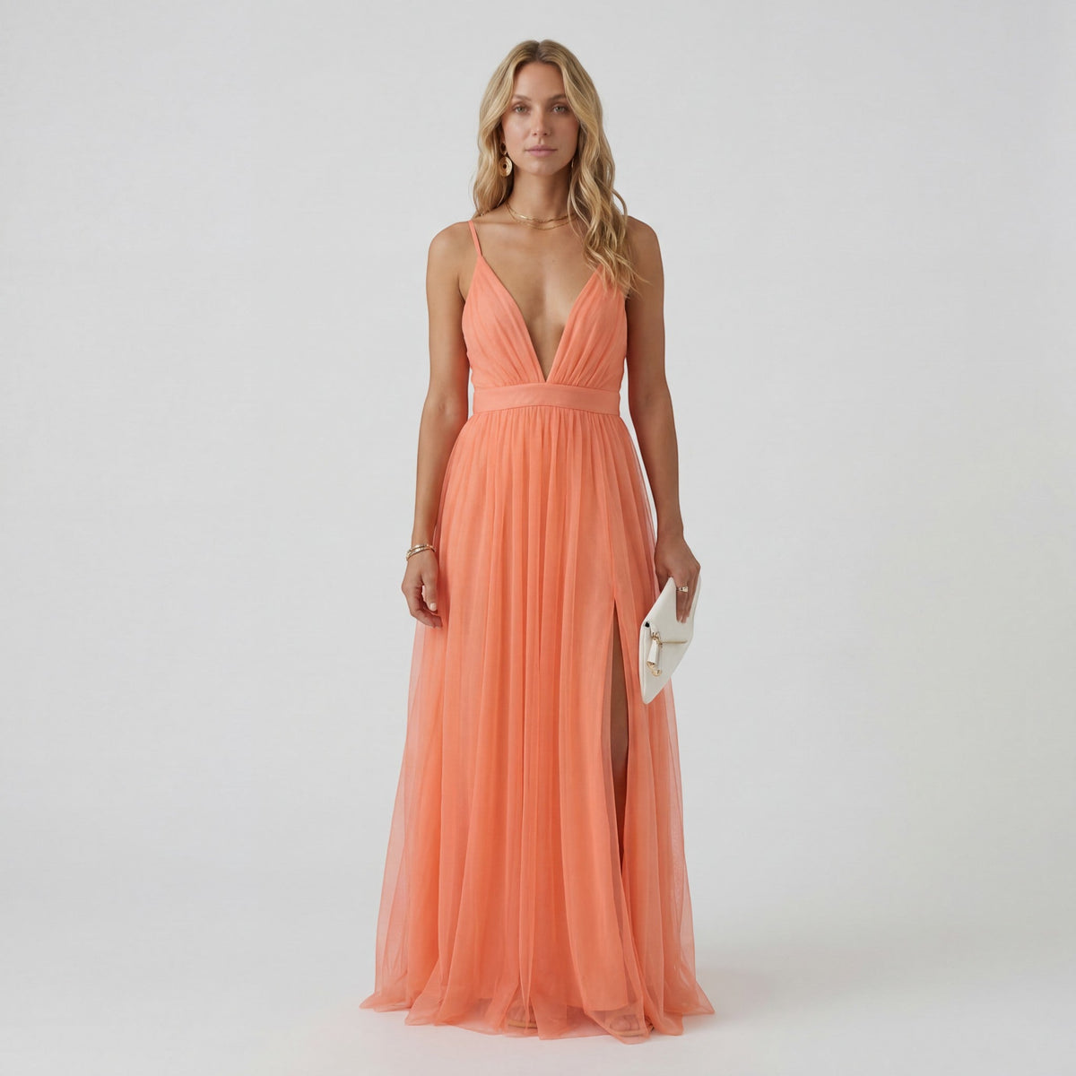 Women’s V-Neck Maxi Dress – Fitted Waist, Fluid Skirt | Airy Peach Draped Fabric