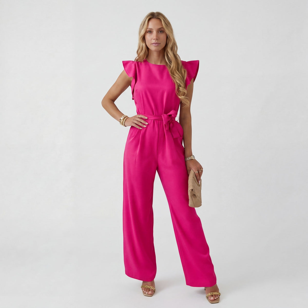 Women’s Wide-Leg Jumpsuit – High Waist with Tie Belt | Fluid Draped Woven Fabric