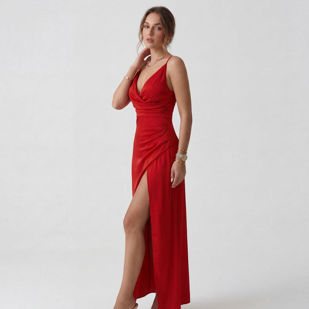 Women’s V-Neck Slit Slip Dress – Slim Fit with Straps | Silky Draped Fabric