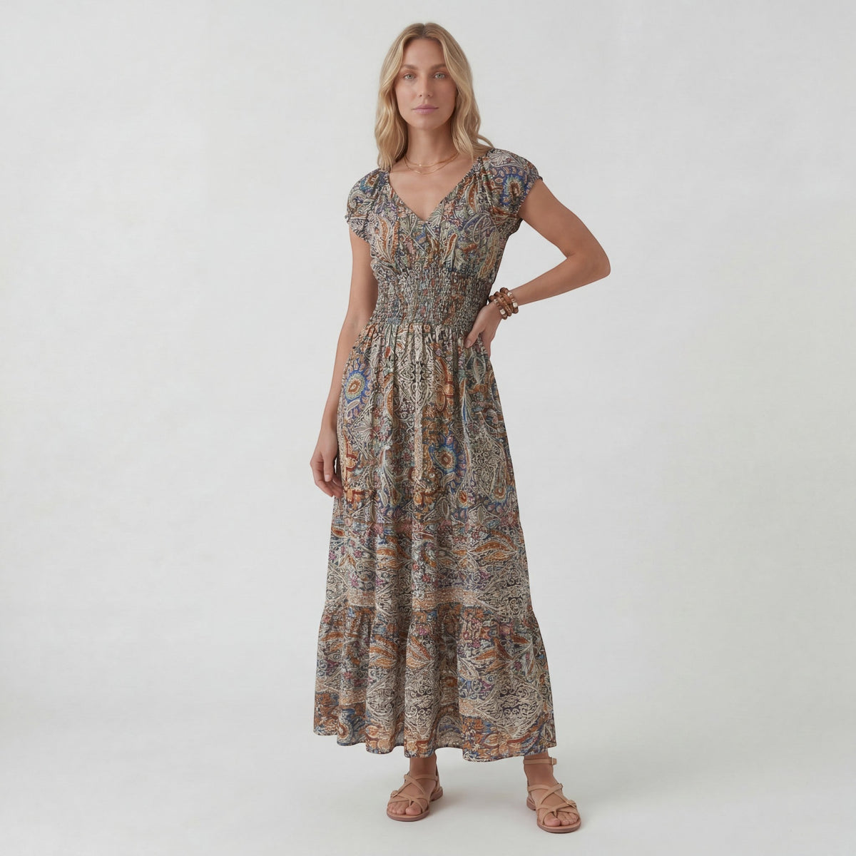 Women’s Bohemian V-Neck Maxi Dress – Relaxed Fit Fluid Skirt | Lightweight Woven Fabric