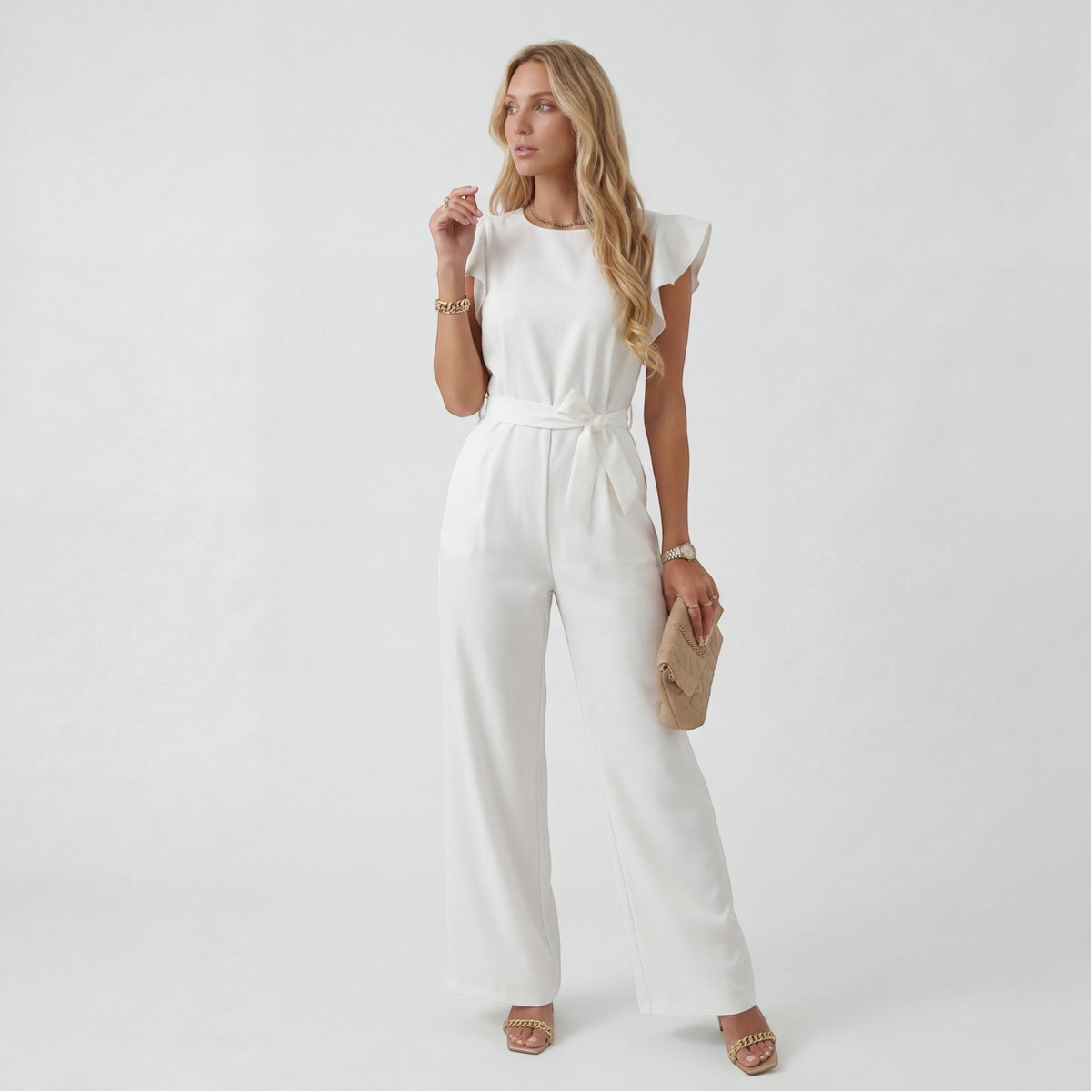 Women’s Wide-Leg Jumpsuit – High Waist with Tie Belt | Fluid Draped Woven Fabric