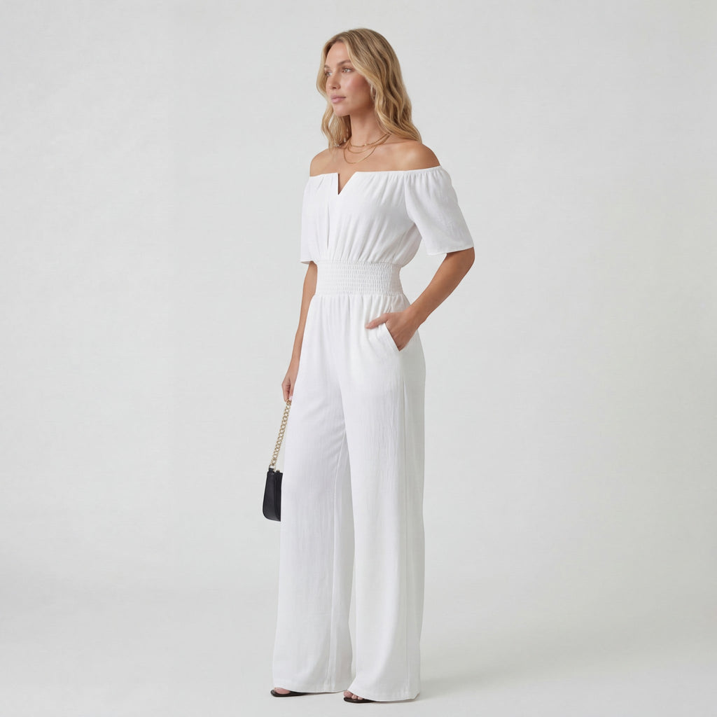 Women’s Off-Shoulder Wide-Leg Jumpsuit – Relaxed Fit | Lightweight Draped Woven Fabric