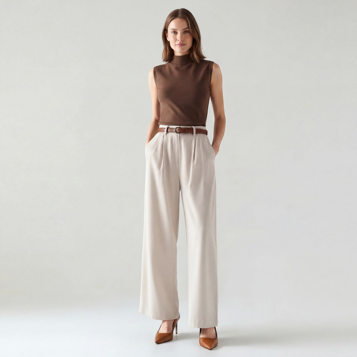 Women's High-Waisted Wide-Leg Woven Trousers – Flattering Fit