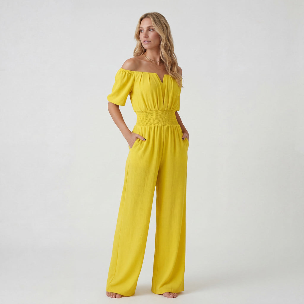 Women’s Off-Shoulder Wide-Leg Jumpsuit – Relaxed Fit | Lightweight Draped Woven Fabric