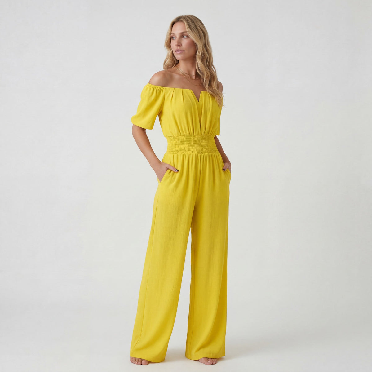 Women’s Off-Shoulder Wide-Leg Jumpsuit – Relaxed Fit | Lightweight Draped Woven Fabric
