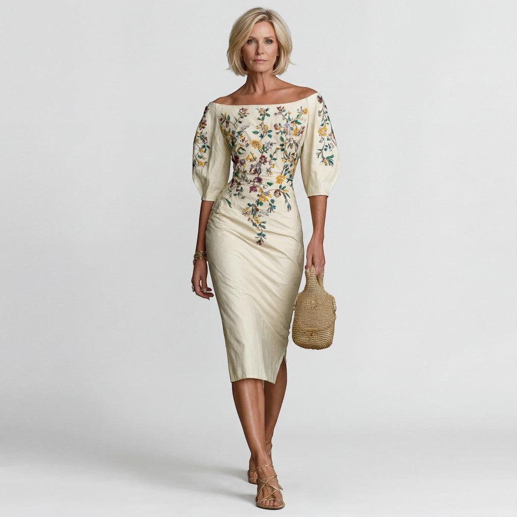 Women's Off-the-Shoulder Midi Dress – Tailored Fit | Cotton Blend