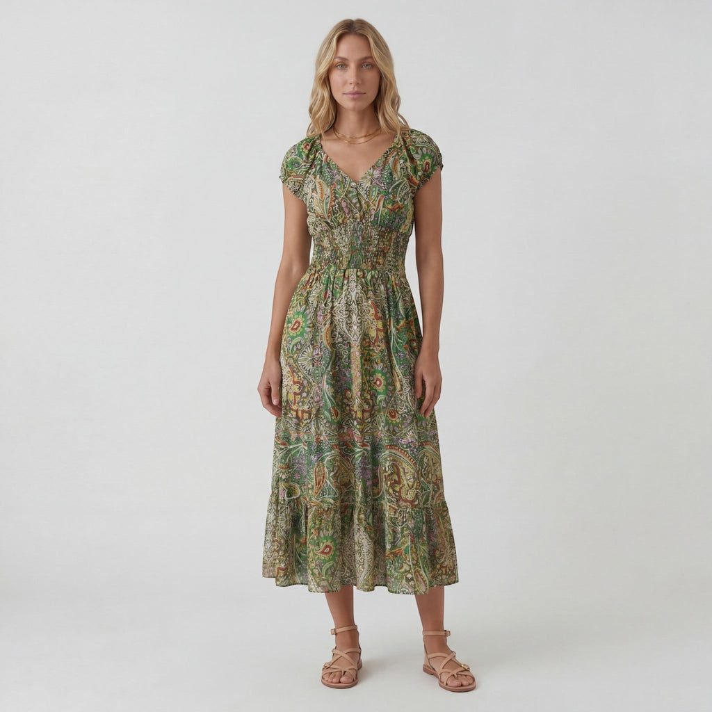 Women’s Bohemian V-Neck Maxi Dress – Relaxed Fit Fluid Skirt | Lightweight Woven Fabric