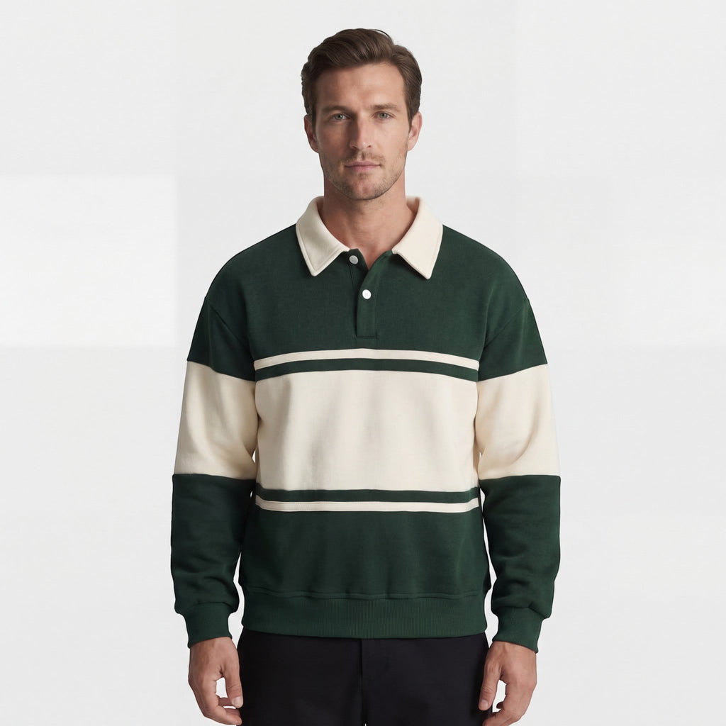 Men's Cotton-Blend Sweatshirt – Striped Pattern Relaxed Fit Polo Collar