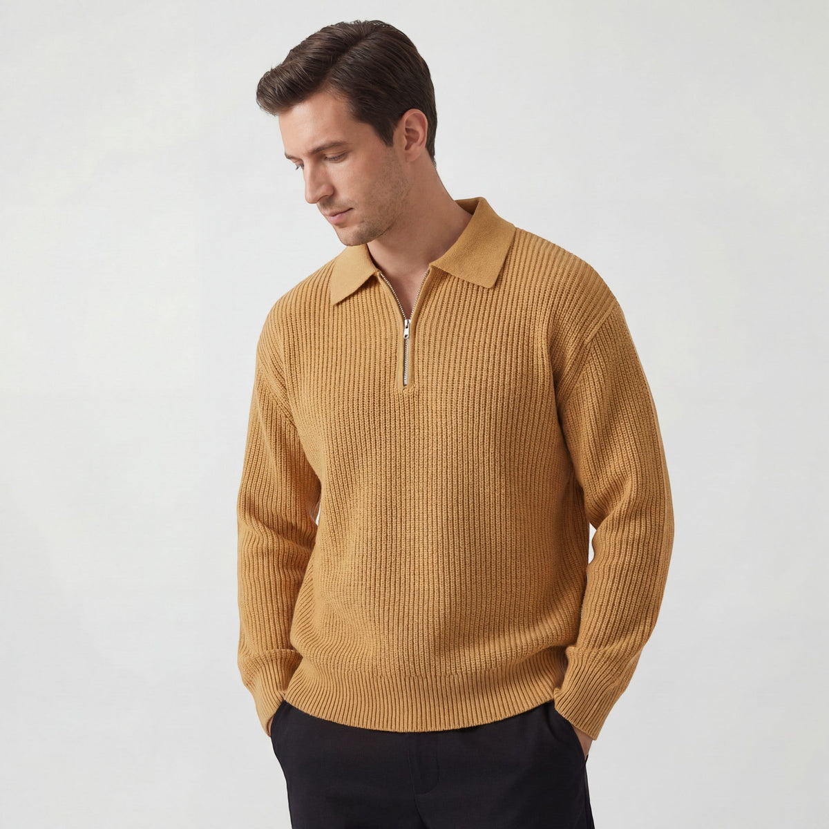 Men's zip-up knitted sweater - trendy loose fit