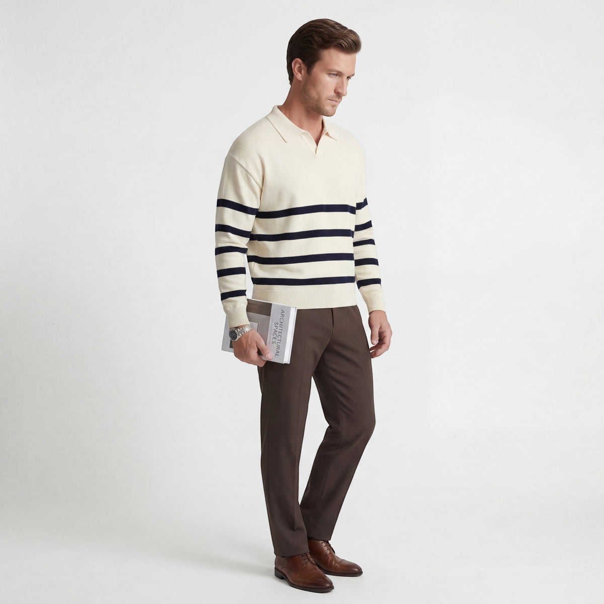 Men's Mixed Cotton Polo – Long Sleeve Polo with Contrasting Stripes