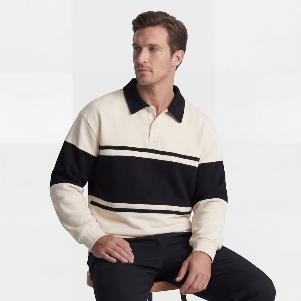 Men's Cotton-Blend Sweatshirt – Striped Pattern Relaxed Fit Polo Collar