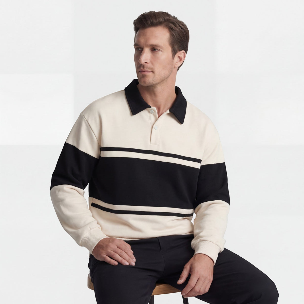 Men's Cotton-Blend Sweatshirt – Striped Pattern Relaxed Fit Polo Collar