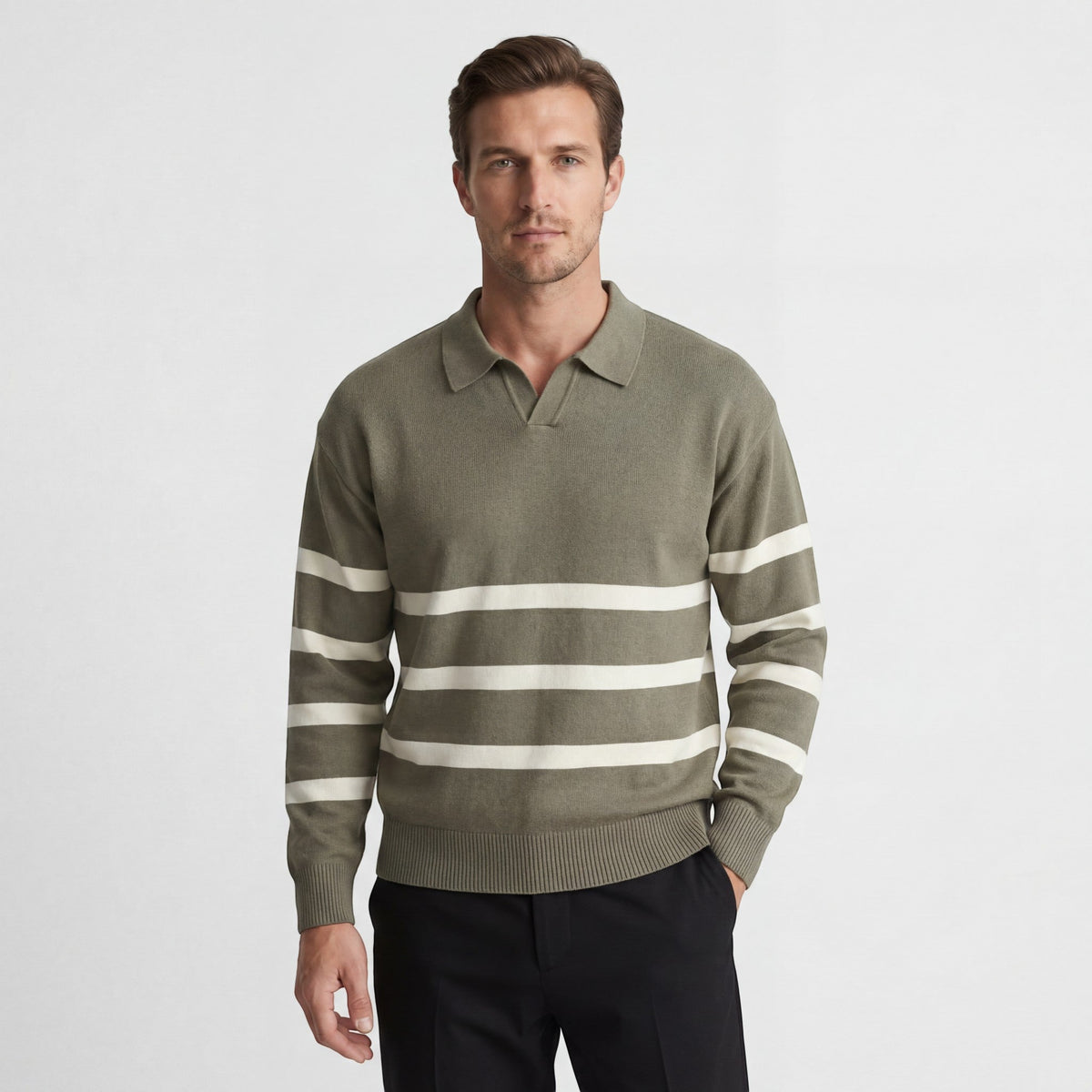 Men's Mixed Cotton Polo – Long Sleeve Polo with Contrasting Stripes