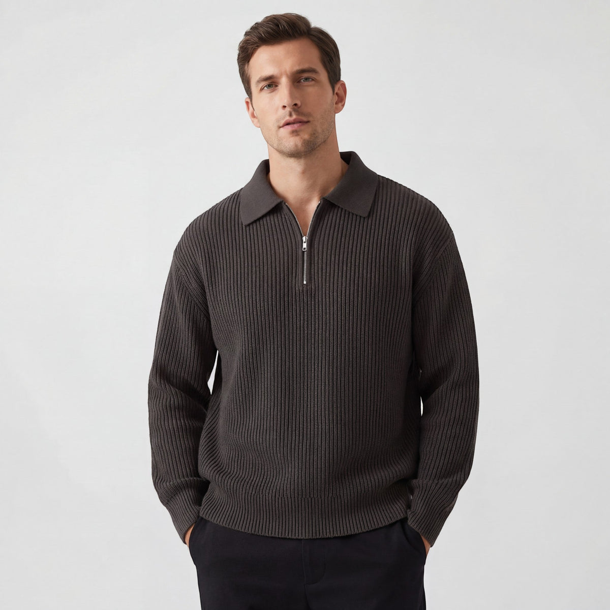 Men's zip-up knitted sweater - trendy loose fit