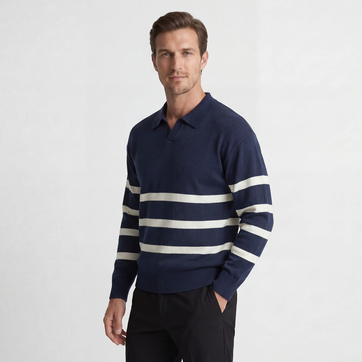 Men's Mixed Cotton Polo – Long Sleeve Polo with Contrasting Stripes