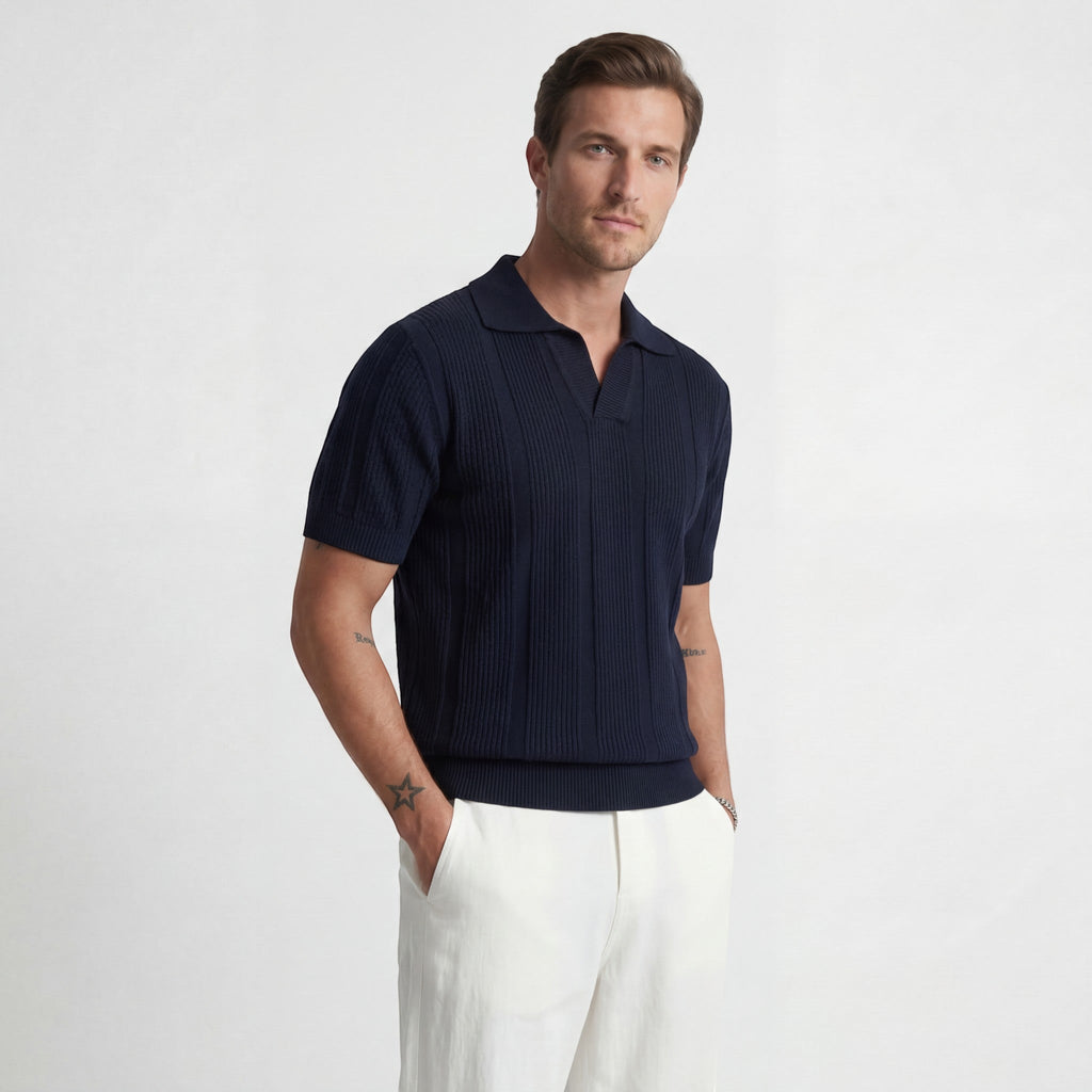 Men's Breathable Knit Polo – Airy Openwork Texture