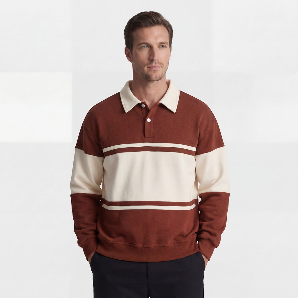 Men's Cotton-Blend Sweatshirt – Striped Pattern Relaxed Fit Polo Collar