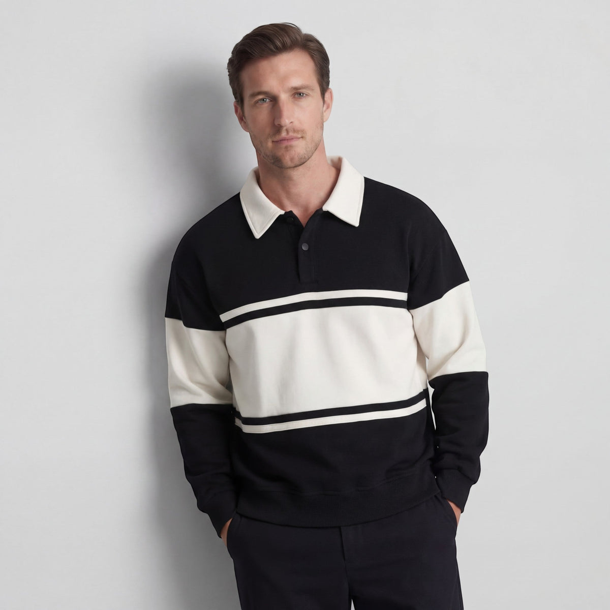 Men's Cotton-Blend Sweatshirt – Striped Pattern Relaxed Fit Polo Collar