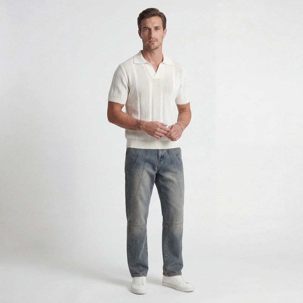 Men's Breathable Knit Polo – Airy Openwork Texture