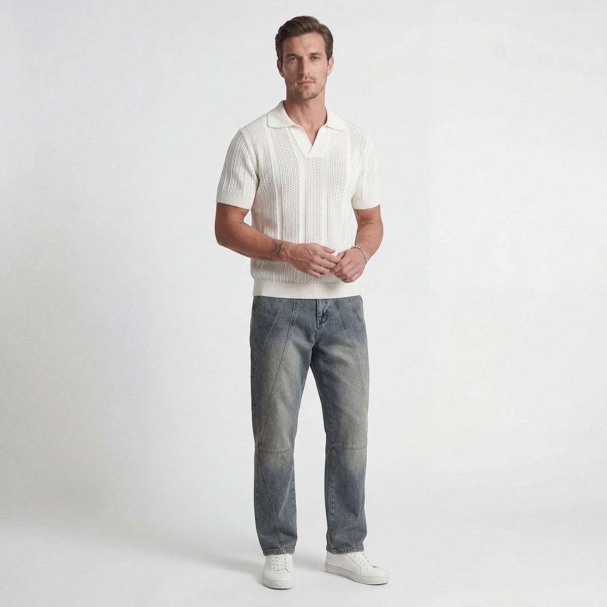 Men's Breathable Knit Polo – Airy Openwork Texture